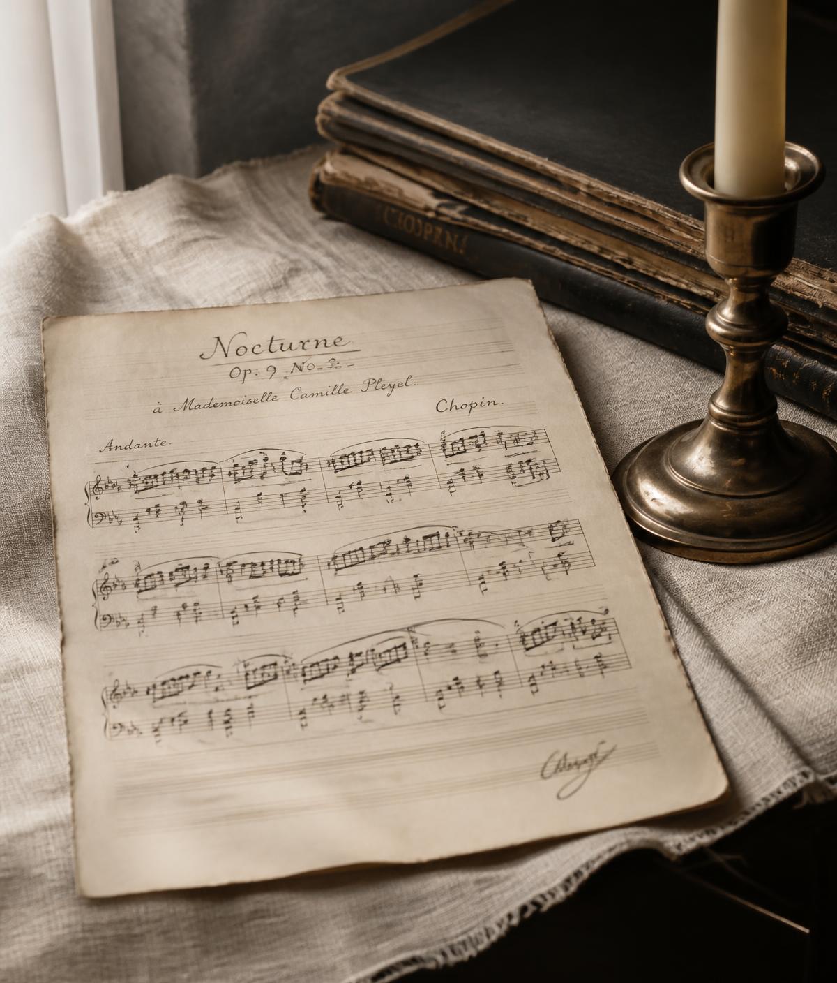 Antique handwritten manuscript of a Chopin nocturne beside a brass candlestick on linen