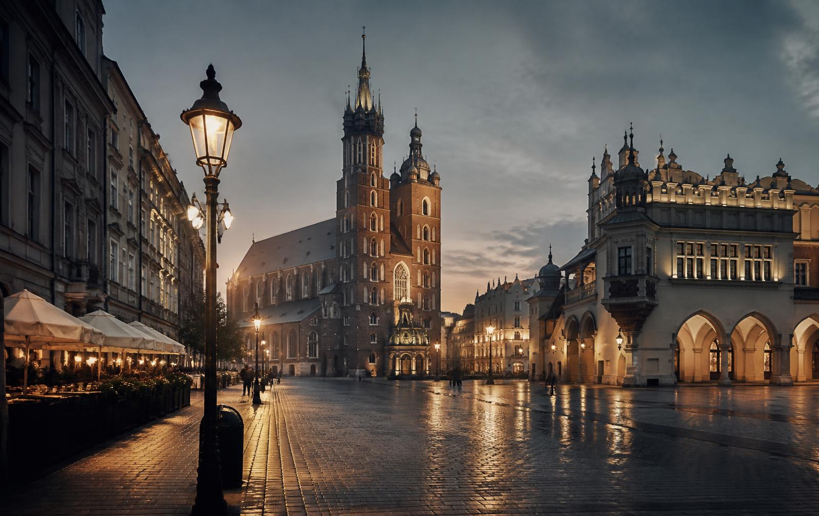 Krakow Main Square at dusk with St Mary's Basilica and the Cloth Hall lit by street lamps